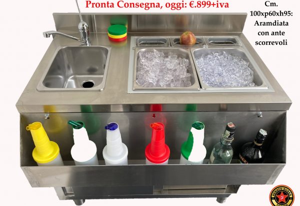 Bancone per Cocktail, con vasche per ghiaccio, speed rack, antine scorrevoli, lavabo e miscelatore